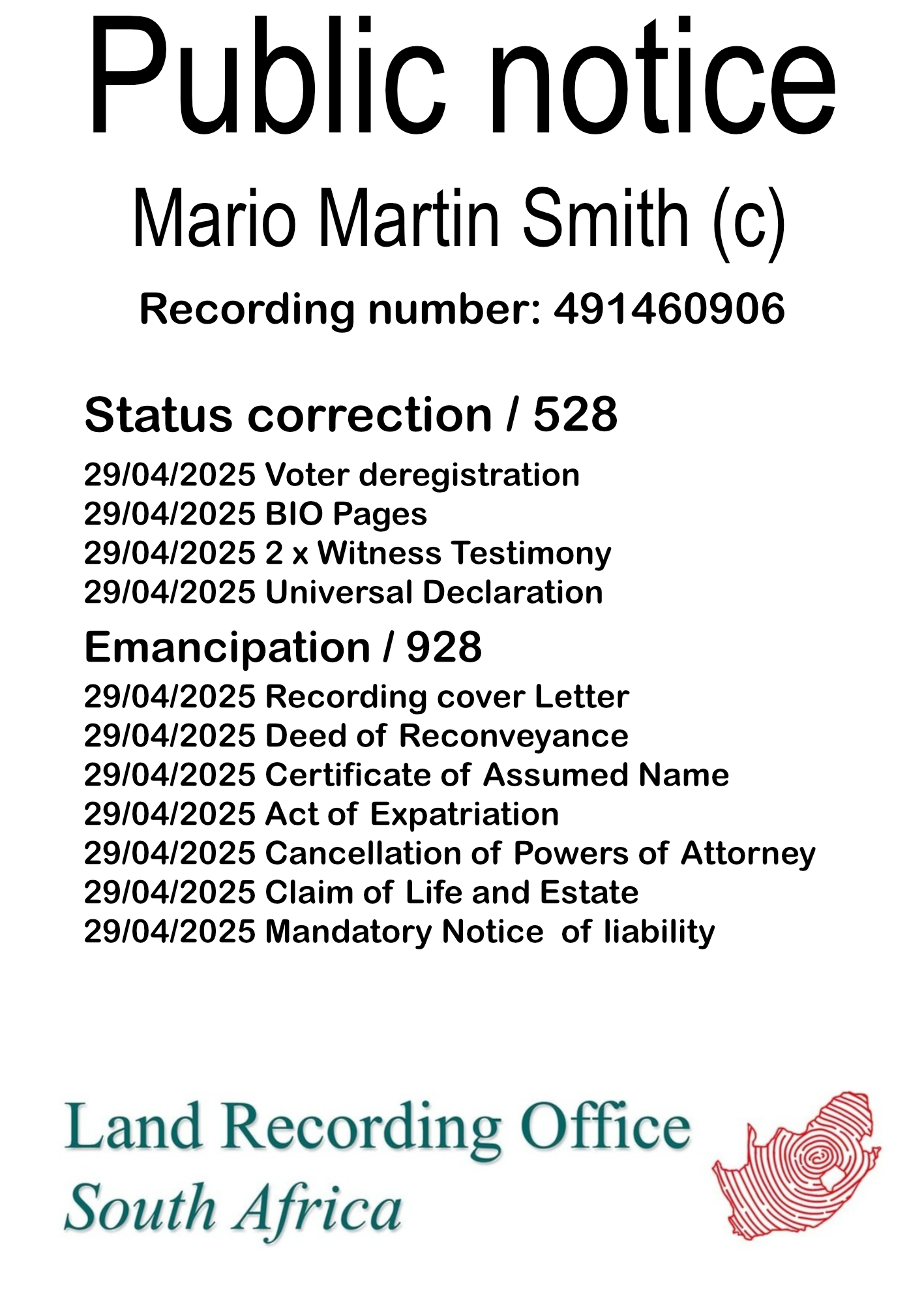Public notice Mario Martin Smith Recording number 491460906